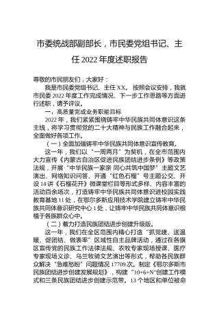 市委统战部副部长，市民委党组书记、主任2022年度述职报告（20221226）