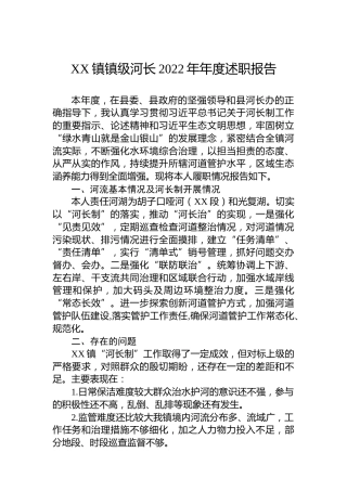 XX镇镇级河长2022年年度述职报告（20221212）