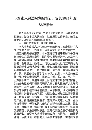 XX市人民法院党组书记、院长2022年度述职报告（20221202）