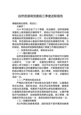 自然资源局党委2024年前三季度述职报告