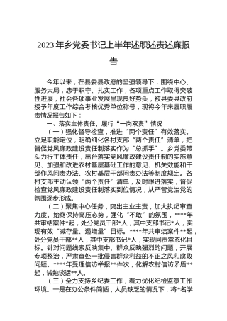 2023年乡党委书记上半年述职述责述廉报告
