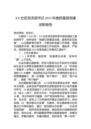 XX社区党支部书记2023年度抓基层党建述职报告