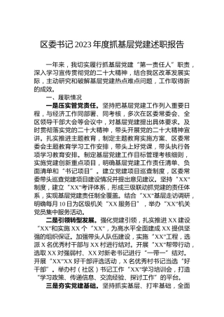 区委书记2023年度抓基层党建述职报告