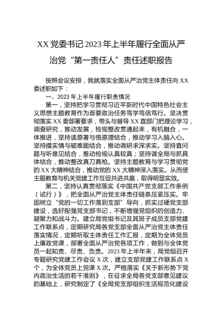 XX党委书记2023年上半年履行全面从严治党“第一责任人”责任述职报告