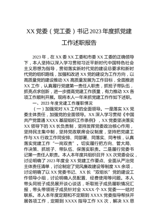 XX党委（党工委）书记2023年度抓党建工作述职报告