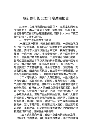 银行副行长2022年度述职报告