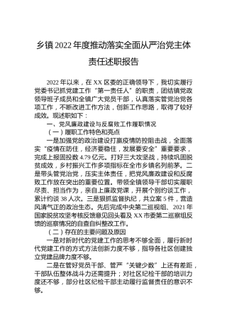 乡镇2022年度推动落实全面从严治党主体责任述职报告