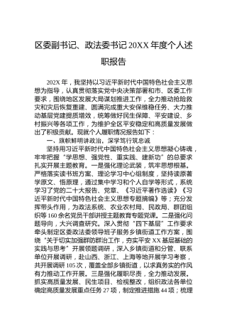 区委副书记、政法委书记20XX年度个人述职报告