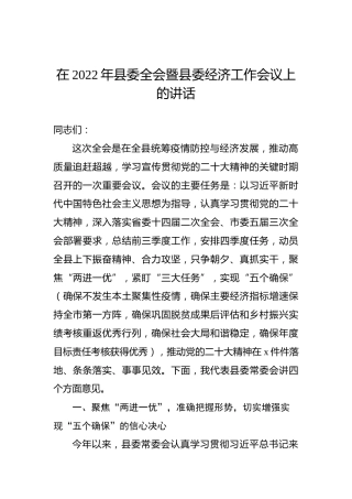 在2022年县委全会暨县委经济工作会议上的讲话