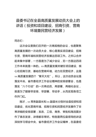 县委书记在全县高质量发展动员大会上的讲话（投资和项目建设、招商引资、营商环境暨民营经济发展）