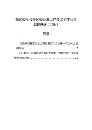 在区委全会暨区委经济工作会议全体会议上的讲话（2篇）