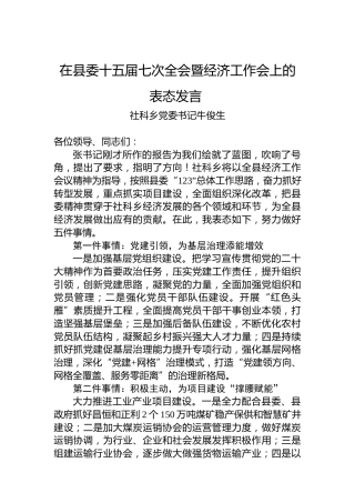 社科乡党委书记：在县委十五届七次全会暨经济工作会上的表态发言