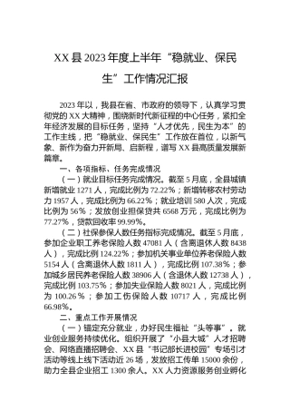 XX县2023年度上半年“稳就业、保民生”工作情况汇报
