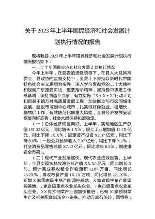 关于2023年上半年国民经济和社会发展计划执行情况的报告