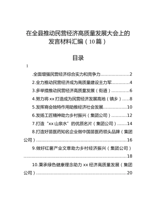 在全县推动民营经济高质量发展大会上的发言材料汇编（10篇）