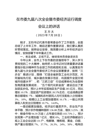 在市委九届八次全会暨市委经济运行调度会议上的讲话