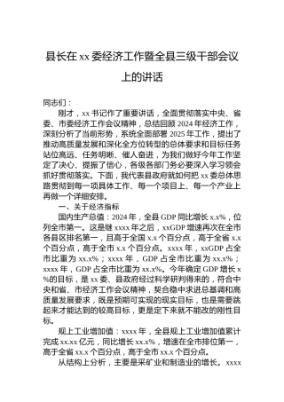 县长在xx委经济工作暨全县三级干部会议上的讲话