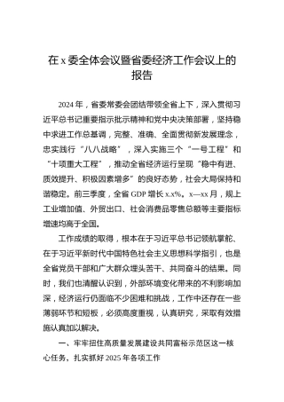 在x委全体会议暨省委经济工作会议上的报告