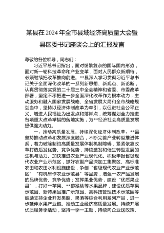 某县在2024年全市县域经济高质量大会暨县区委书记座谈会上的汇报发言