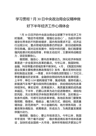 学习贯彻7月30日中央政治局会议精神做好下半年经济工作心得体会