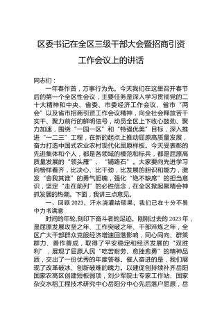 区委书记在全区三级干部大会暨招商引资工作会议上的讲话