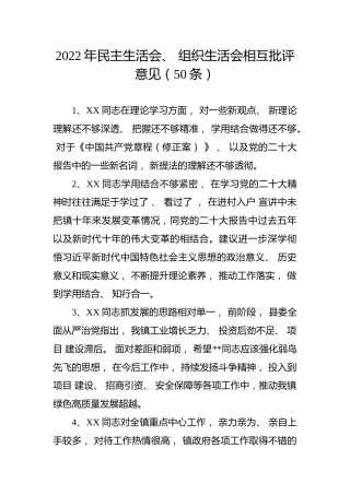 2022年民主生活会、 组织生活会相互批评意见（50条）