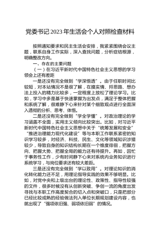 党委书记2023年民主生活会个人对照检查材料