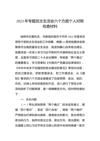 2023年专题民主生活会六个方面个人对照检查材料