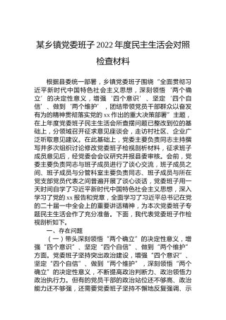 某乡镇党委班子2022年度民主生活会对照检查材料
