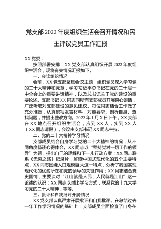 党支部2022年度组织生活会召开情况和民主评议党员工作汇报