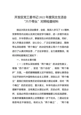 开发区党工委书记2022年度民主生活会“六个带头”对照检查材料