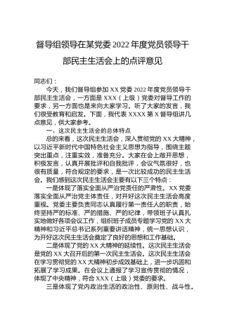 督导组领导在某党委2022年度党员领导干部民主生活会上的点评意见