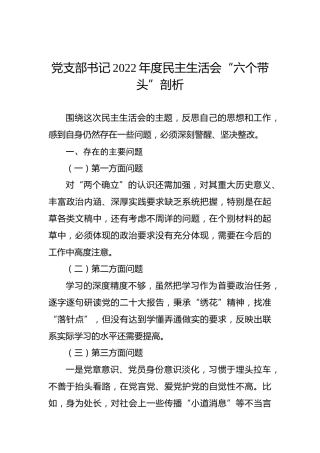 党支部书记2022年度民主生活会“六个带头”剖析材料