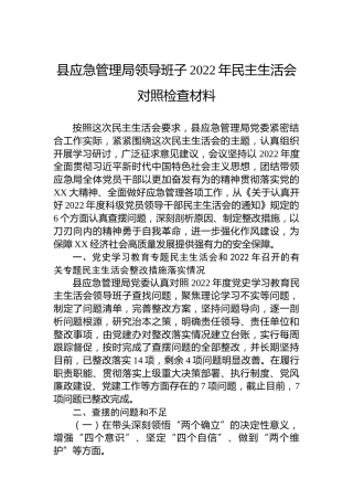 县应急管理局领导班子2022年民主生活会对照检查材料