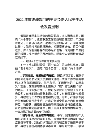 2022年度统战部门的主要负责人民主生活会发言提纲