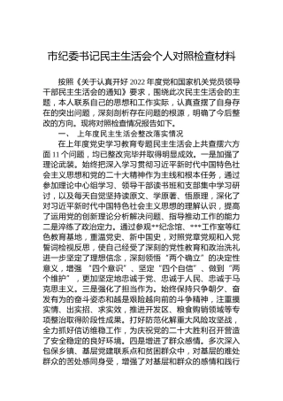 2022年度市纪委书记民主生活会个人对照检查材料