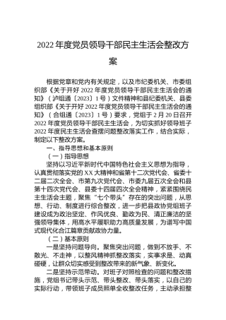 2022年度党员领导干部民主生活会整改方案