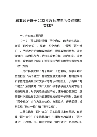 农业领导班子2022年度民主生活会对照检查材料