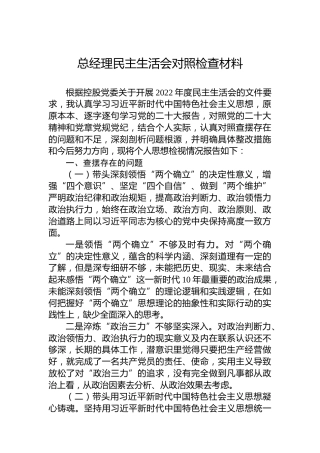 2022年度总经理民主生活会对照检查材料
