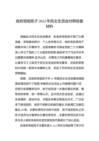 政府党组班子2022年民主生活会对照检查材料