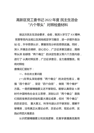 高新区党工委书记2022年度民主生活会“六个带头”对照检查材料