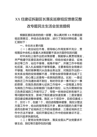 XX住建征拆副区长落实巡察组反馈意见整改专题民主生活会发言提纲
