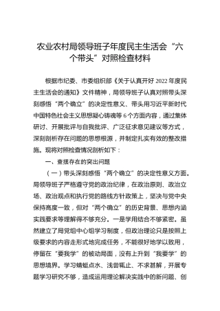 农业农村局领导班子年度民主生活会“六个带头”对照检查材料