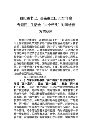 县纪委书记、县监委主任2022年度专题民主生活会“六个带头”对照检查发言材料 (2)
