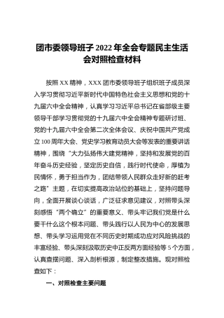 团市委领导班子2022年全会专题民主生活会对照检查材料(1)