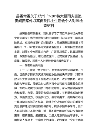 郑州“7.20”特大暴雨灾害追责问责案件以案促改民主生活会个人对照检查材料、发言讲话（3篇）