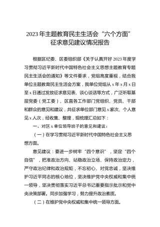 2023年主题教育民主生活会“六个方面”征求意见建议情况报告