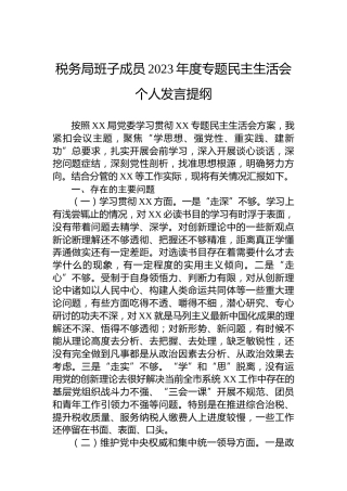 税务局班子成员2023年度主题教育民主生活会个人发言提纲