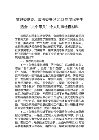 某县委常委、政法委书记2022年度民主生活会“六个带头”个人对照检查材料