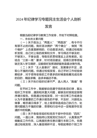 2024年纪律学习专题民主生活会个人剖析发言